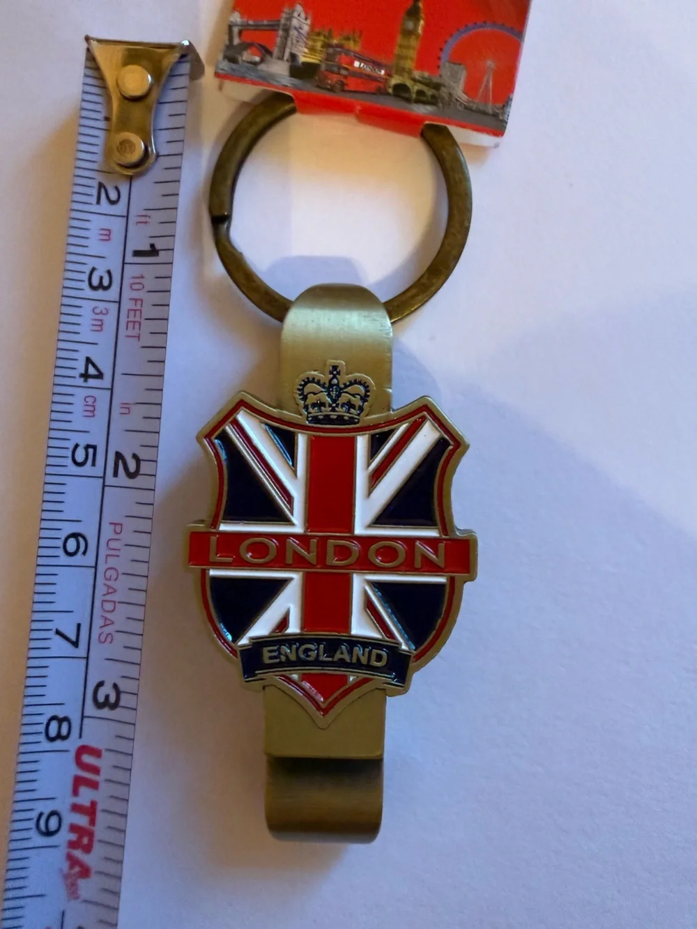 London England Souvenir Union Jack Key Ring Bottle Opener - Red, White & Blue
